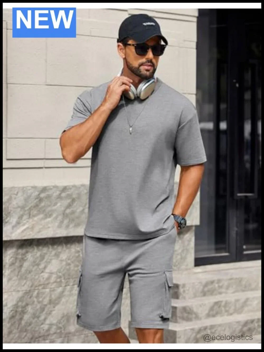 Men's 2 Piece Cotton Blend Track Suit Set with Cargo Shorts